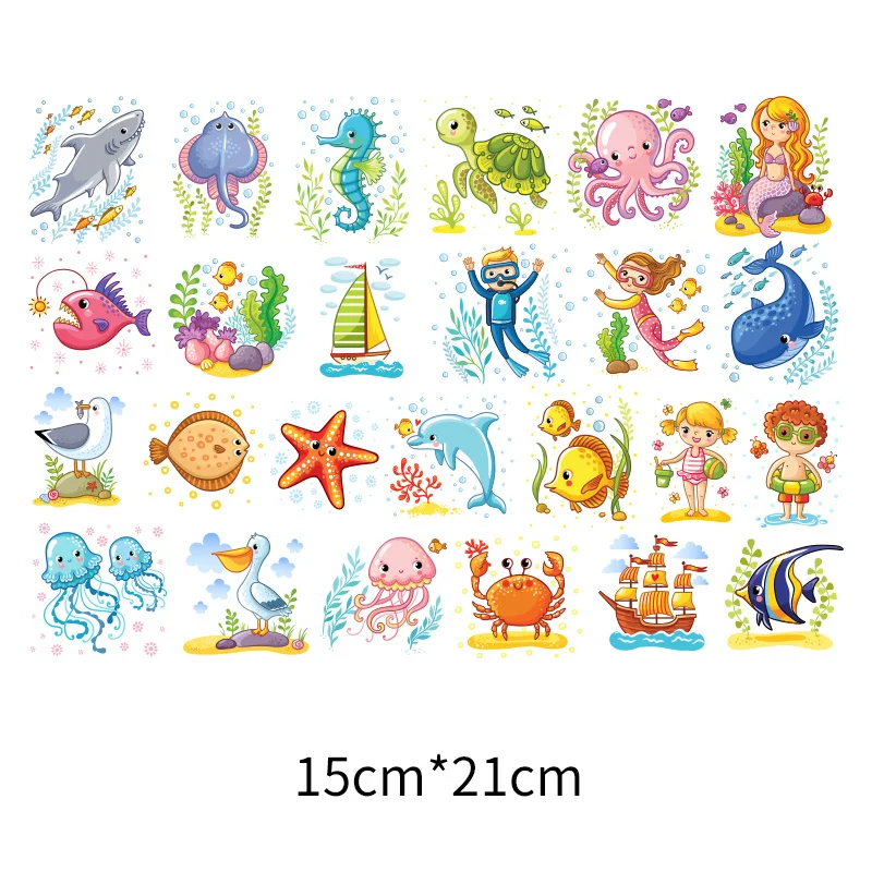 Combination set seabed marine animal fish sea turtle whale shark print sticker DIY iron toy decoration on kids clothes