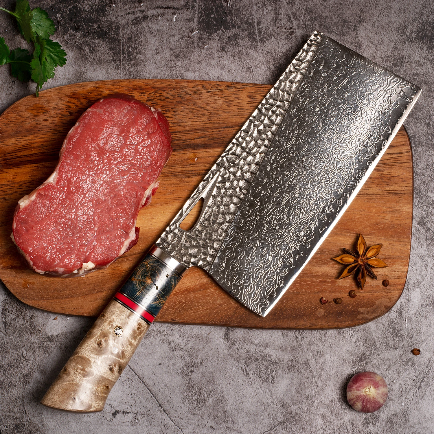 

FZIZUO Cleaver Chef Knife 7.5in Damascus Steel Burl Stabilized Wood Handmade Chinese Cutting Slicing Dual-Purpose Kitchen Knife