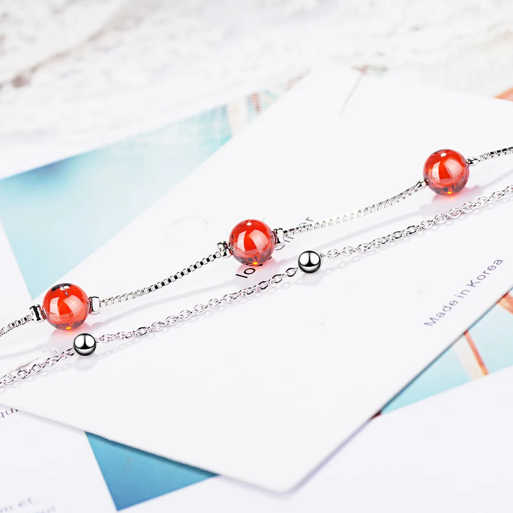 925 Sterling Silver Fashion Women\'s Jewelry Red Garnet Stone Double Layer Beads Bracelet 16cm For Gift Girls Lady Drop Shipping