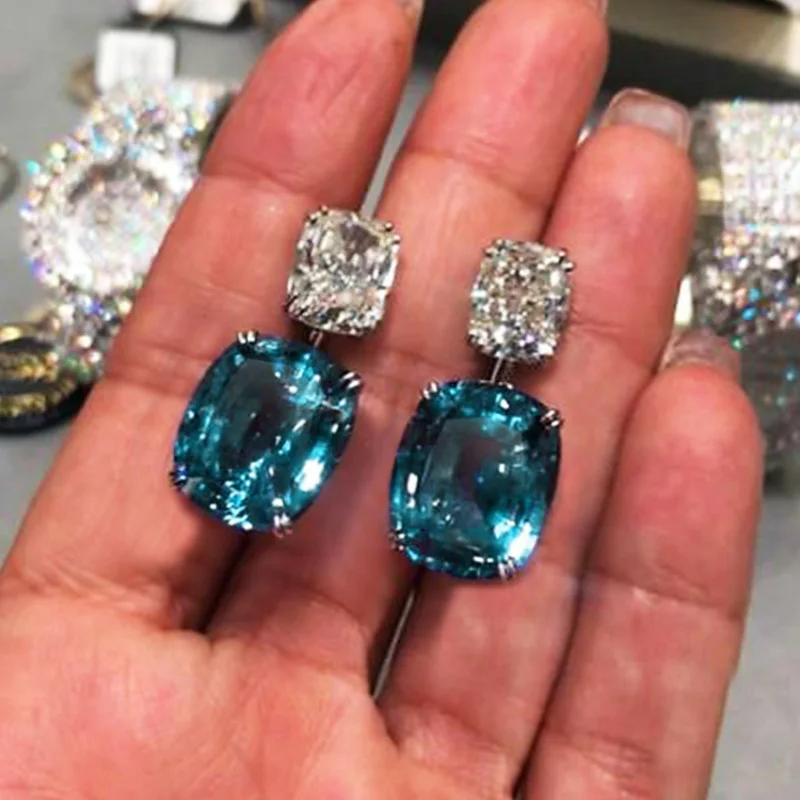 Huitan Blau/Weiß Zirkonia Baumeln Ohrringe Brillante frauen Zubehör Silber Farbe Luxus Mode Hochzeit Partei Schmuck