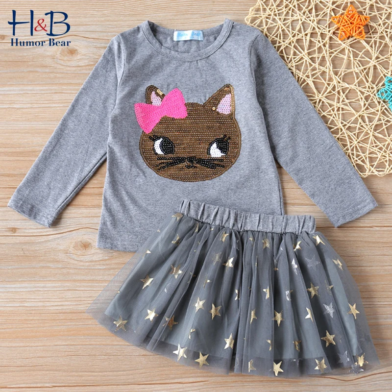 

Humor Bear Girls Clothes Sets Autumn Long Sleeve Cartoon Sequins Printed T-Shirt +Star Tulle Skirt 2PCS Kids Clothes