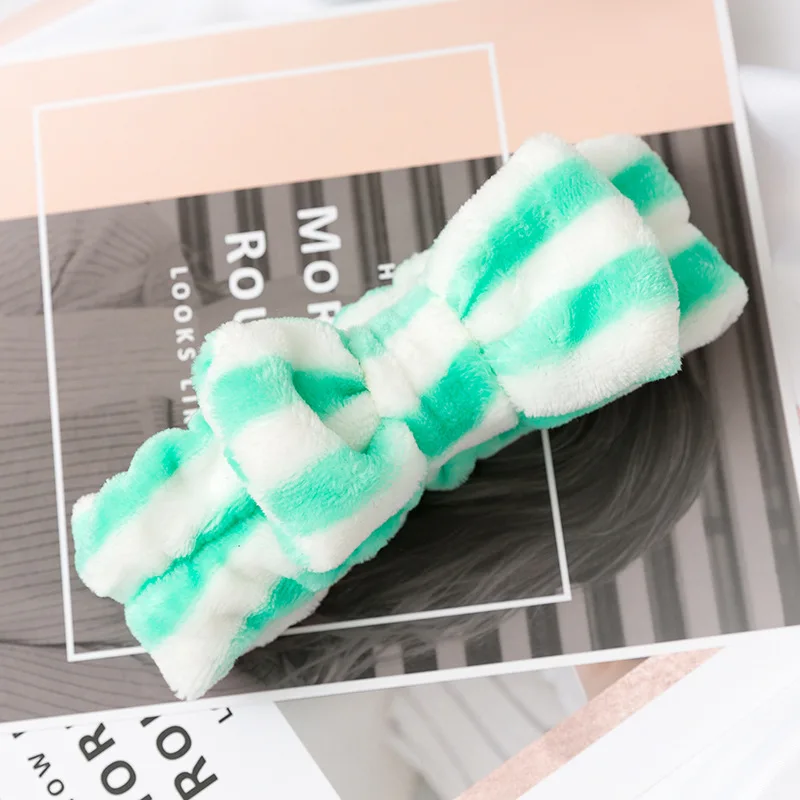 Women Stripes Pattern Soft Skin Care Single PP Bag Packing Coral Fleece Sports Shower Make Up Facial Bow Knot Velvet Headbands