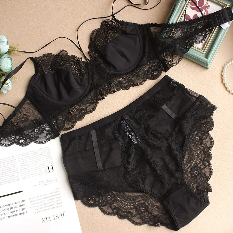 Conjunto de sujetador y bragas transparentes para mujer, lencería Sexy de talla grande, vendaje con escote en V profundo, ropa interior de encaje ultrafina de realce, color negro, nuevo