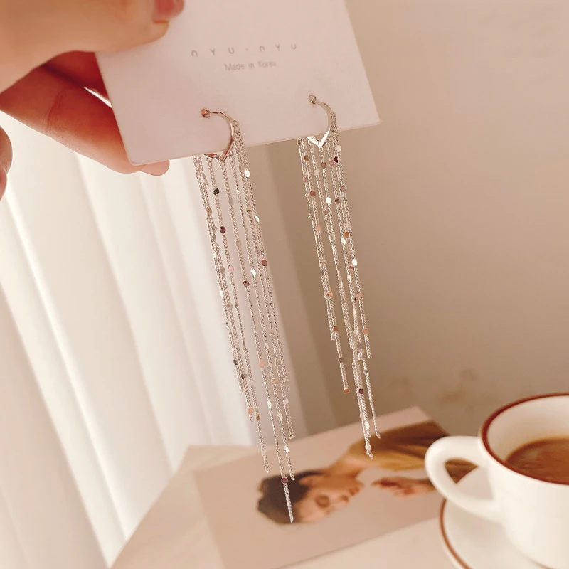 Glänzende lange Quasten-Glitzer-Tropfenohrringe für Damen, modische lange Kette, baumelnde Ohrringe, Hochzeit, Party, Schmuck, Geschenke – Detail 4