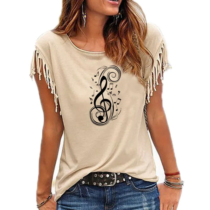 New Fashion Women Musical Note graphic Print Women Cotton Tassel Casual T-shirt Women\'s Tees Short Sleeve O-neck Femme t shirt
