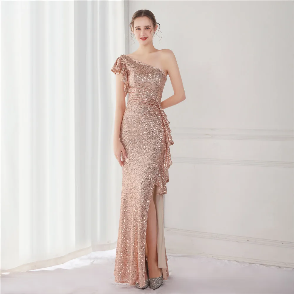 

2023 Women Elegant One Shoulder Ruffles Evening Dress Sexy Hight Slit Gold Sequin Women Party Maxi Dress Vestidos RU72