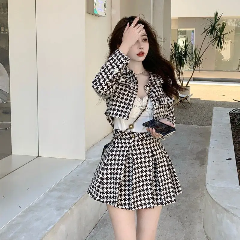 Small Fragrance Style Elegant Tweed 2 Piece Set Women Vintage Houndstooth Cropped Jacket + Pleated Mini Skirt Suits Sexy Outfits