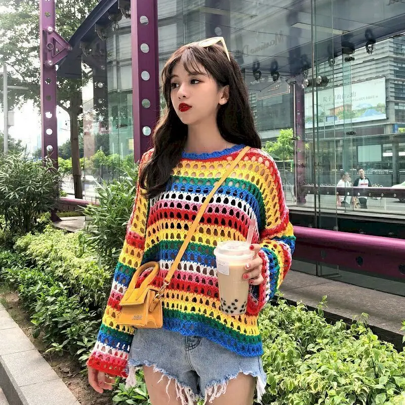 Sweater Women Spring Summer 2024 Sweet Wild Blouse Retro Wild Fishnet Shirt Hollow Top Woman Sweaters Kawaiyii Fashion Clothes