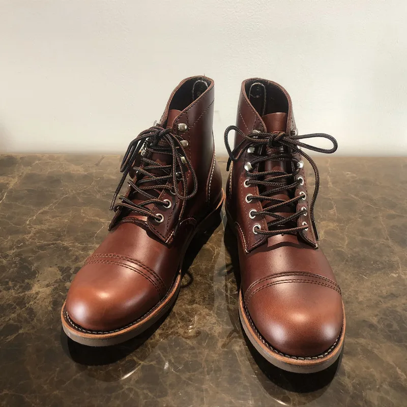 New Fashion Vintage Ankle Boots Goodyear Welted Motorcycle Boots Round Toe Top Quality Wings Real Leather Cowhide Red Men Shoes