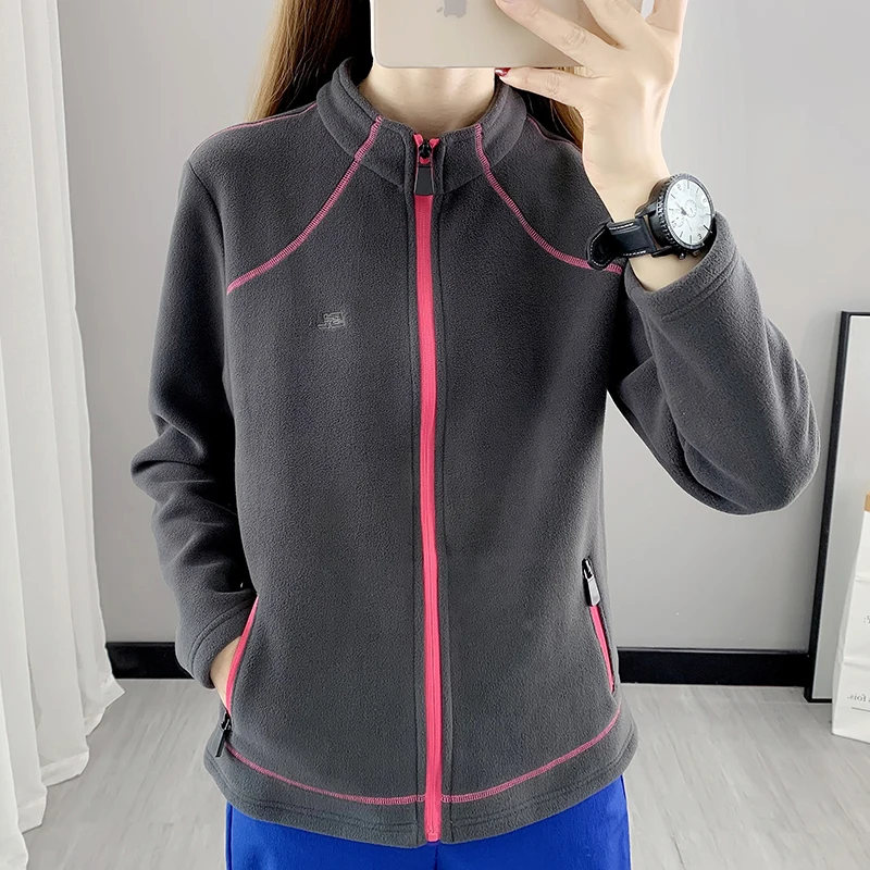 Outdoor Winter Fleece Jacket Women Polar Double-sided Fleece Liner Thick Cardigan Sports Coat Plus-Size Hiking Travel Jackets