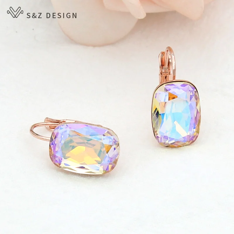 S&Z DESIGN Elegant 585 Rose Gold Color Square Crystal Dangle Earrings For Women Wedding Party Fashion Jewelry