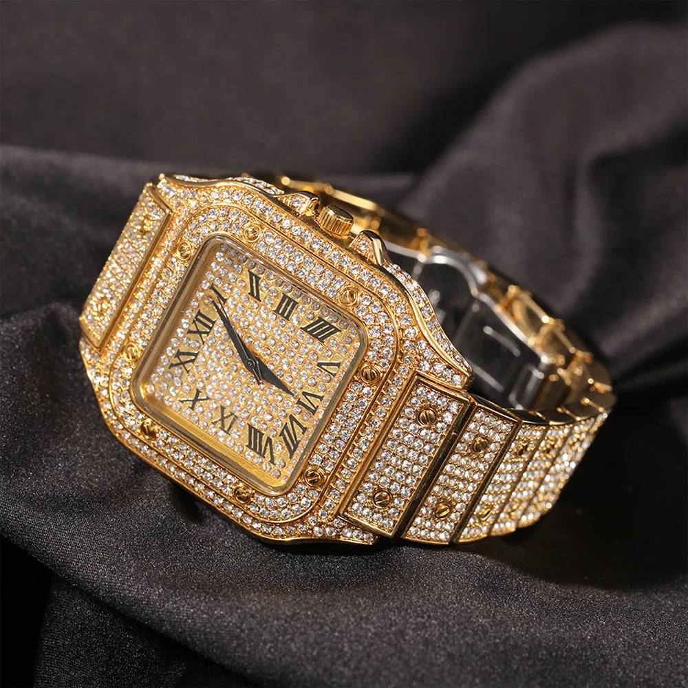 Watches for Men Luxury Hiphop Full Iced Out Watches Gold Rhinestone Quartz Square Wristwatch Relogio Masculino Groomsmen Gifts