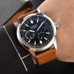 46mm Parnis Grey Dial Power Reserve Brown Leather ST 2530 Automatic Movement Mens Watch Glass Back