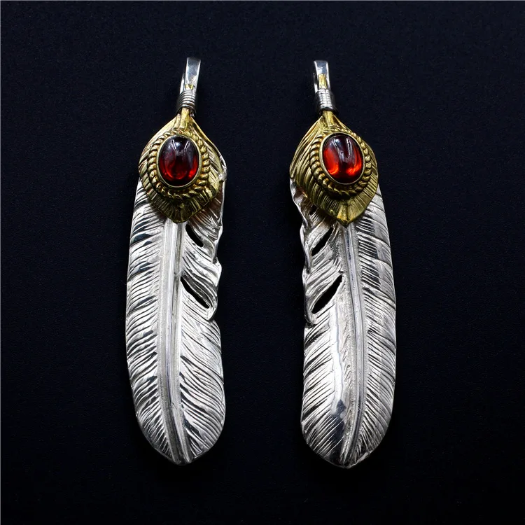 

S925 Sterling Silver Jewelry Retro Thai Silver Men's and Women's Red Turquoise Feather Pendant Sweater Pendant