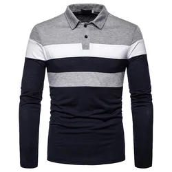 Polo Shirts Men Stripe Long Sleeve Mens Casual Fashion Contrast Color Business Casual Turn Down Collar Polo Shirts Male Tops