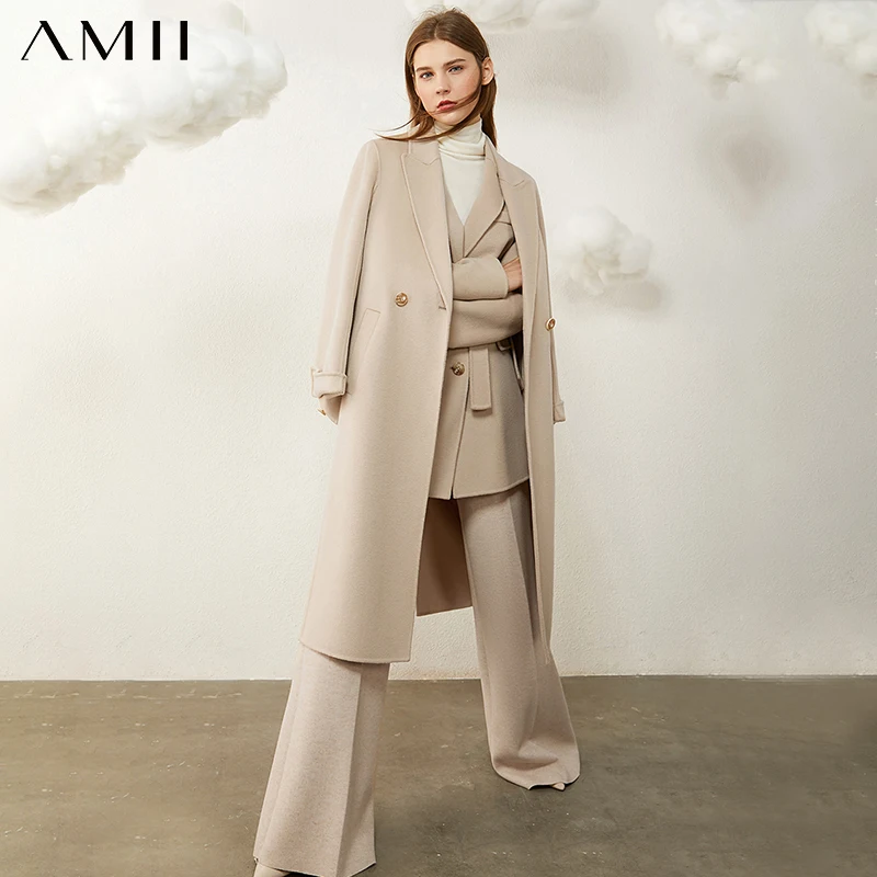 Amii Minimalism Winter Coat Women Fashion Solid 100%wool Belt Calf-length Double-sided Woolen Coat Women's Jacket 12040654