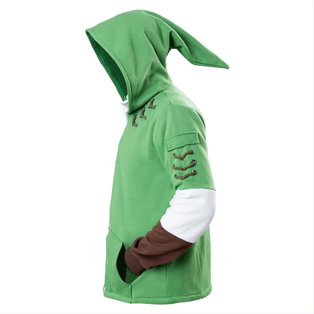 Casaco com capuz fantasia cosplay para adultos, jaqueta manga comprida, moletom verde com zíper, casaco de algodão, link