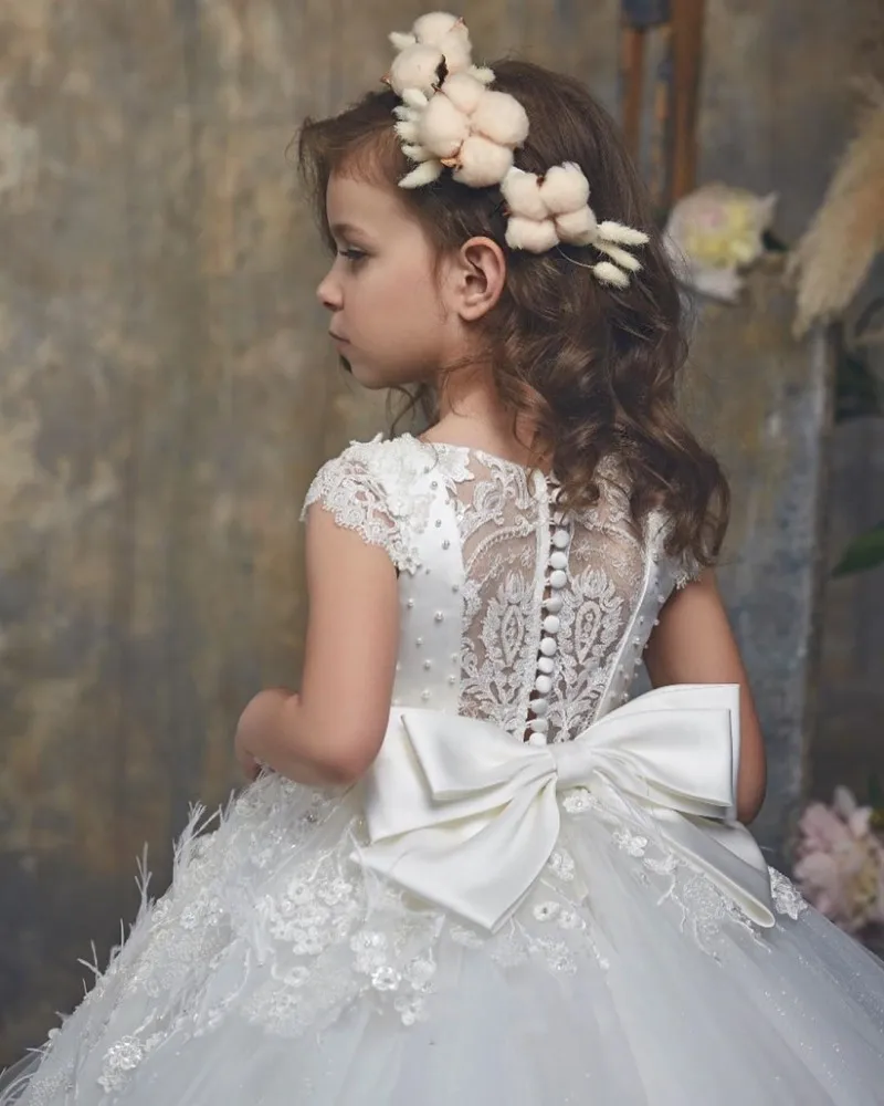 Robe de luxe à fleurs pour filles, à manches cape, avec des Appliques en dentelle, robe de bal pour enfants