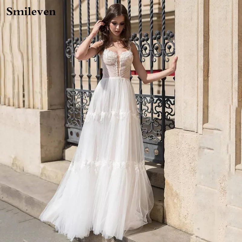 Smileven EINE Linie Hochzeit Kleid Puffy Tüll Boho Brautkleider V-ausschnitt arabisch Vestido De Noiva Hochzeit Kleider Für Mädchen nach Maß