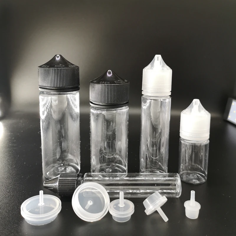 100pcs 30ml 60ml Empty Plastic PET Dropper Bottles E Liquid Clear/Black CRC Cap Long Tip Juice Oil Drops Pen Transparent Bottle