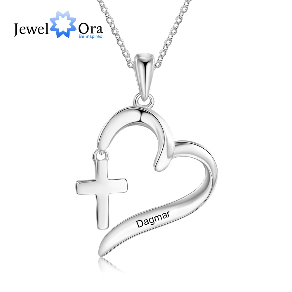 Personalized Name Heart Pendant Necklace with Cross Customize Engraving Women Necklace Jewelry Mother Gift (JewelOra NE104188)