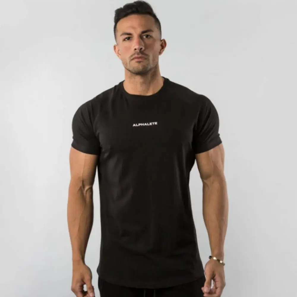 Black Gym Skinny T-shirt Men Casual Short Sleeve Shirt Male Summer Fitness Bodybuilding Cotton Tees Tops Running Sport Clothing