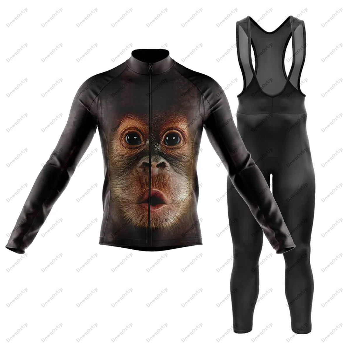 Monkey Face Cycling Jersey Set Men's Long Sleeve Winter Fleece&Thin Bib Pants Gel Breathable Pad MTB Bicycle Cloting Kit