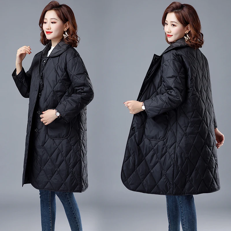 Abrigo largo de otoño e invierno para mujer, Parkas acolchadas, prendas de vestir exteriores ligeras de gran tamaño, color negro, novedad de 2023