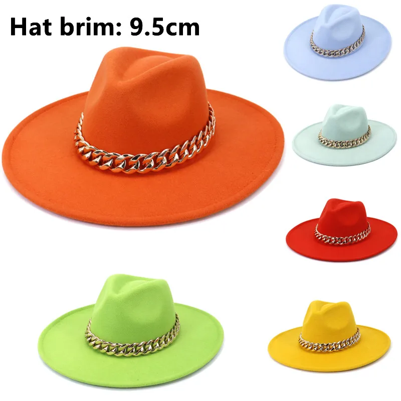 Orange fedora hat brim 9.5cm wholesale water drop top thick chain accessories stage performance jazz hat top hat кепка мужская