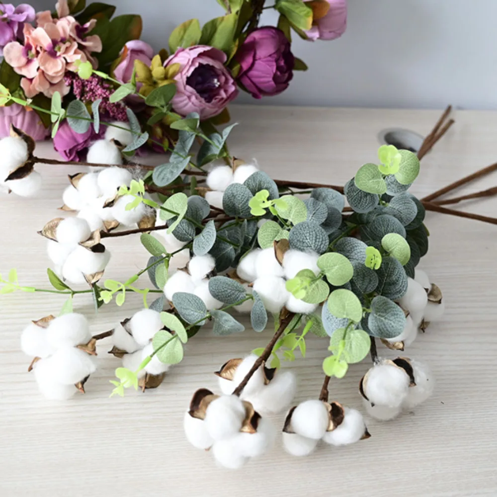 Cotton Dry Fower Artificial Cotton Stems Decor with Eucalyptus Leaves 4 Cotton Heads Natural Cotton Flower Wedding Home DIY