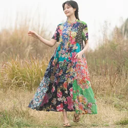 Summer New Cotton Printing Ethnic Style Pannelled Stitching Pastoral Dress Floral Dress Long Dress Women