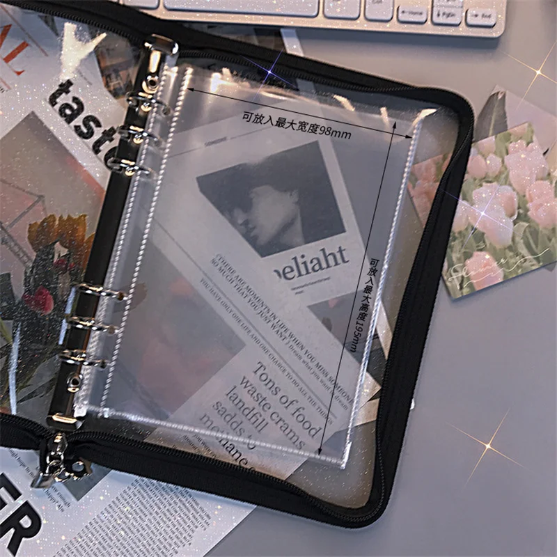 Black Cute Zip Bag With 10pcs Bag Transparent Loose Leaf Binder Notebook Inner Core Cover Note Book Planner Office Stationery