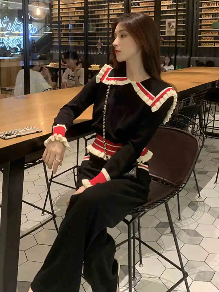 Sweet Black Peter Pan Collar Long Sleeve Sweater Trouser Two Piece Set Women Elegant Retro Striped Knitted Jumper Top Pants Suit