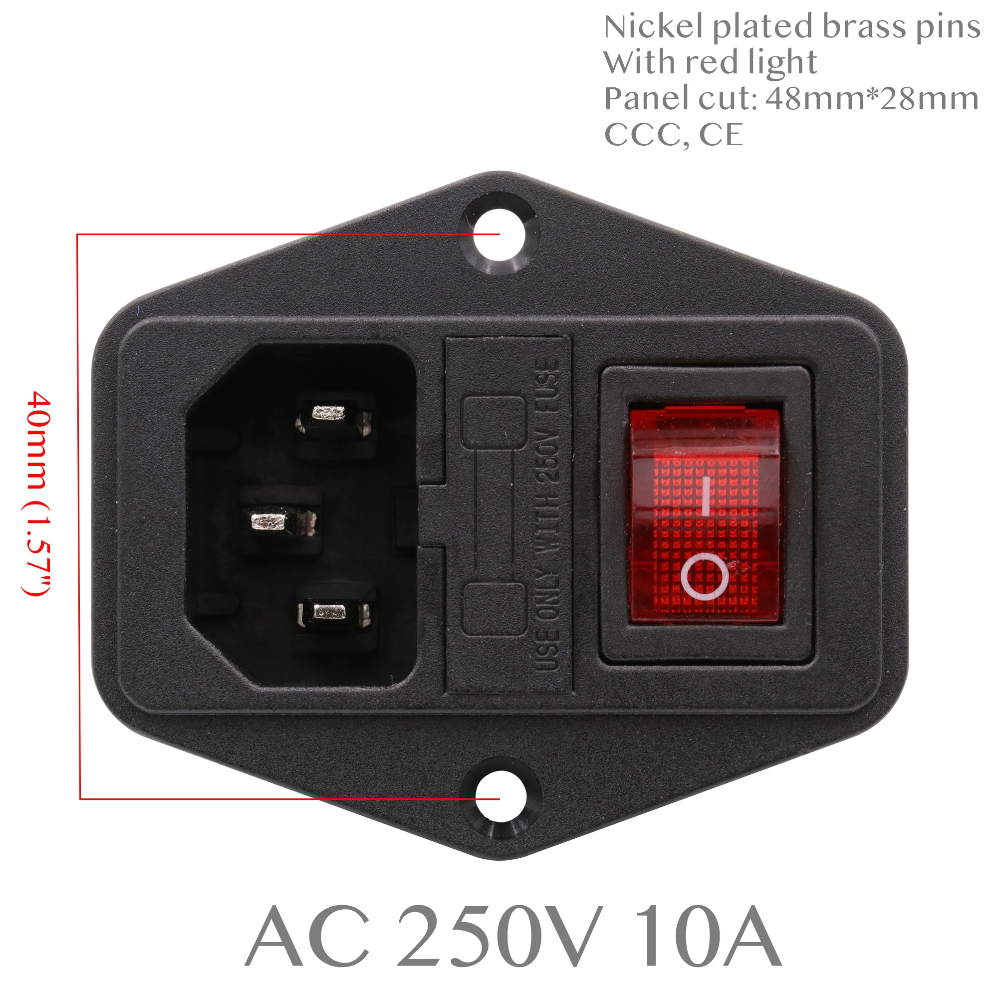 1 Buah AC Kabel Daya Soket Masuk Wadah Konektor Listrik dengan Tempat Sekring Hidup Mati Sakelar Rocker IEC320 C14 CCC CE AC 250V 10A