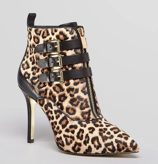 Fashion Leopard Patchwork Metal Buckle Ankle Boots Pointed Toe Women Thin High Heels Gladiator Spring Front Zipper Short Boots