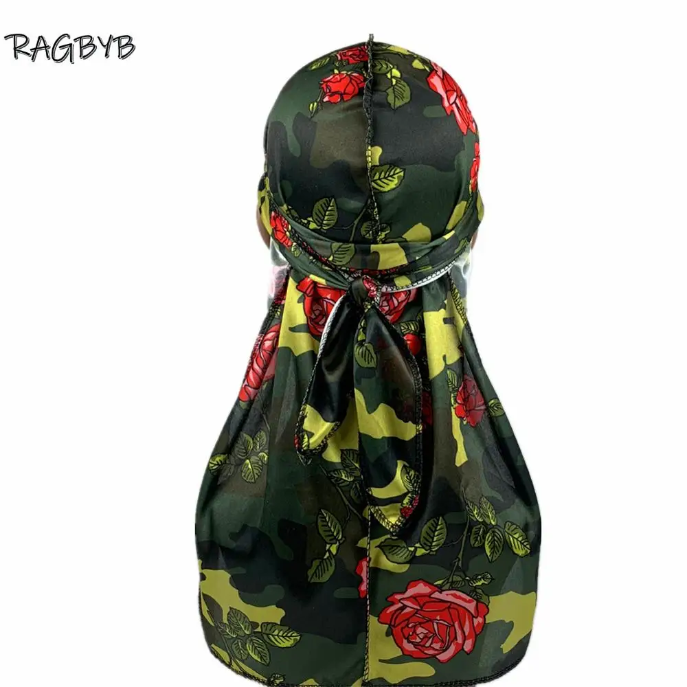 New Camo Print Silk Durag Bandanas for Men Silky Durags Long Tail Wave Cap Head Scarf Women Hat Headwrap Durag