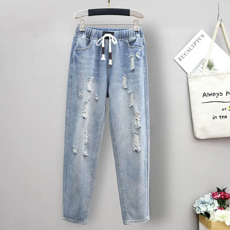 1823 frauen Harem Jeans Oversize 5XL Lose Hip Hop Streetwear Trendy Loch Scratch Kordelzug Dünne Licht Blau Denim Hosen weibliche