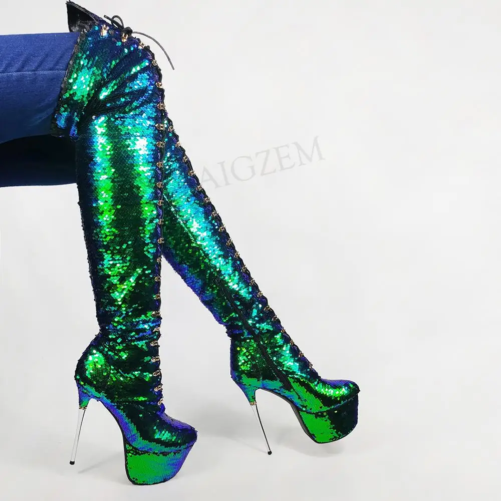 LAIGZEM Women Over Knee High Platform Boots Sequined Stiletto Metal Heels Side Zip Boots Party Club Shoes Woman Size 39 41 42 43