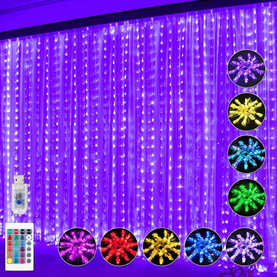 Window Curtain String Light 300 LED 16 Color Changing Rainbow Curtain Lights USB Powered Fairy Icicle Lights For Wedding Party