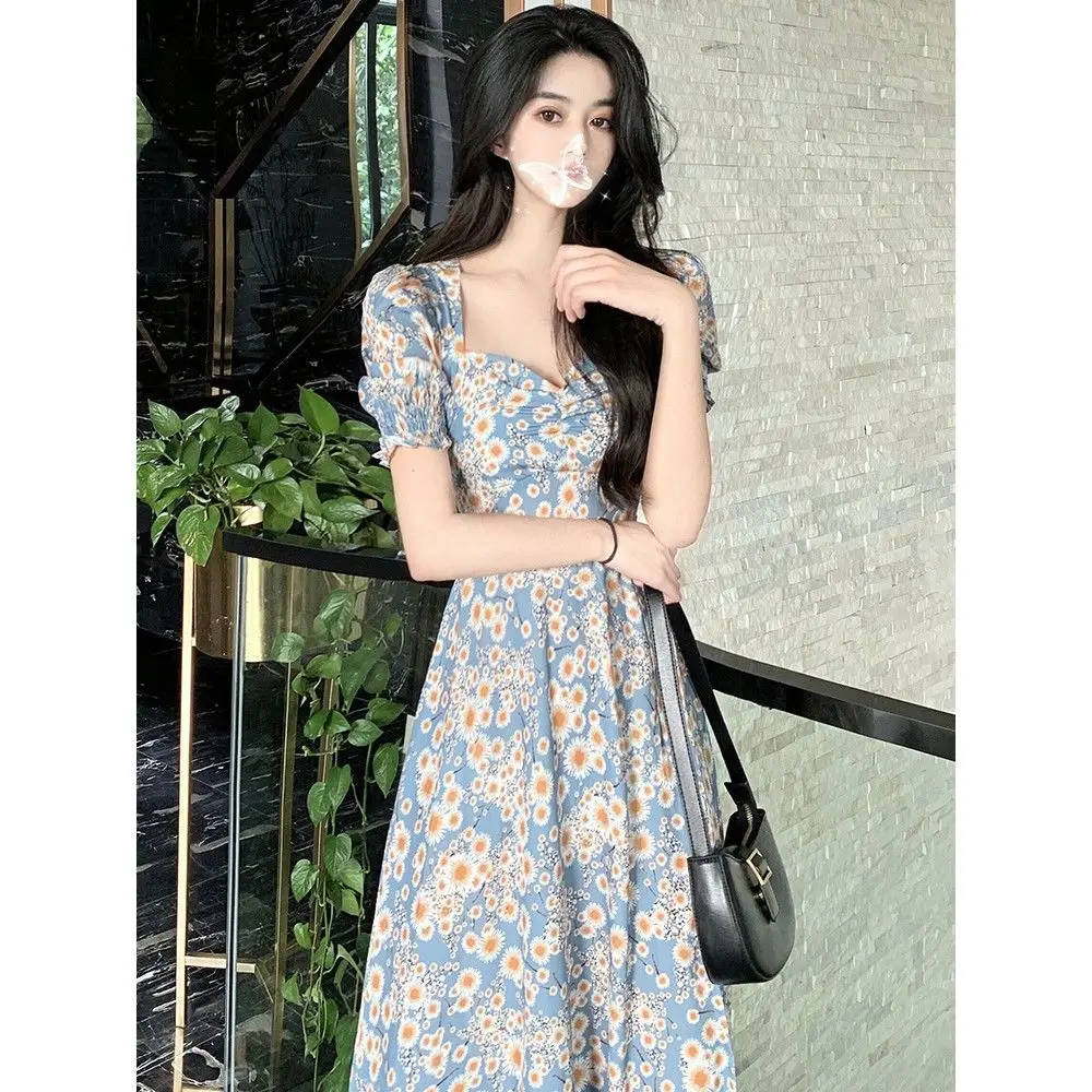 Outono novo estilo puff manga floral midi-saia vestido para mulher vestido de mulher vestido de mujer femme robe