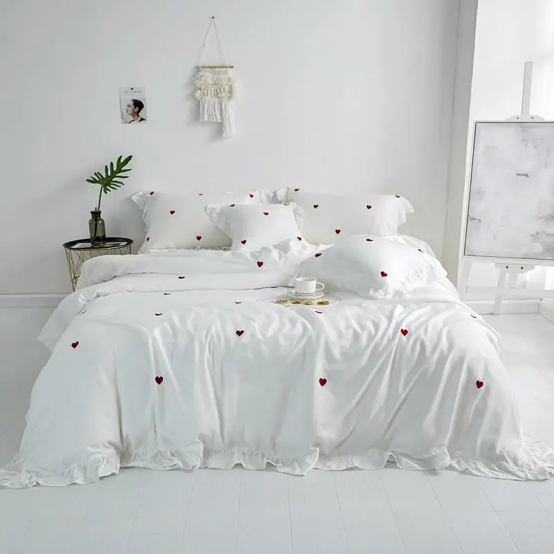 44 Snow white Moder cotton bedding set bed linens Heart shaped embroidery girls duvet cover 4PCs queen king size sheets