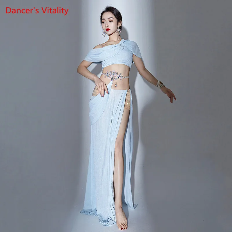 Belly Dance Suit Sequins Top Short Sleeve Long Skirt Practice Clothes   Oriental Dancing Woman Elegant performance Clothing Set