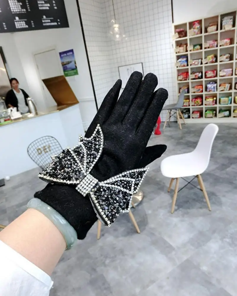 Cashmere Gloves Full Diamond Big Bow Cashmere Wool Ladies Gloves Korean Fashion Thick Warm Touch Screen Winter Gloves A366