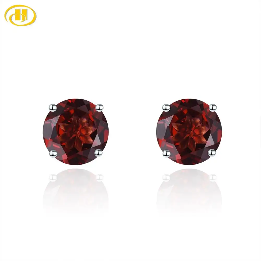 Hutang 6mm Round Garnet 925 Silver Stud Earrings Genuine Red Gemstone Solid 925 Sterling Silver Fine Elegant Simple Jewelry Gift