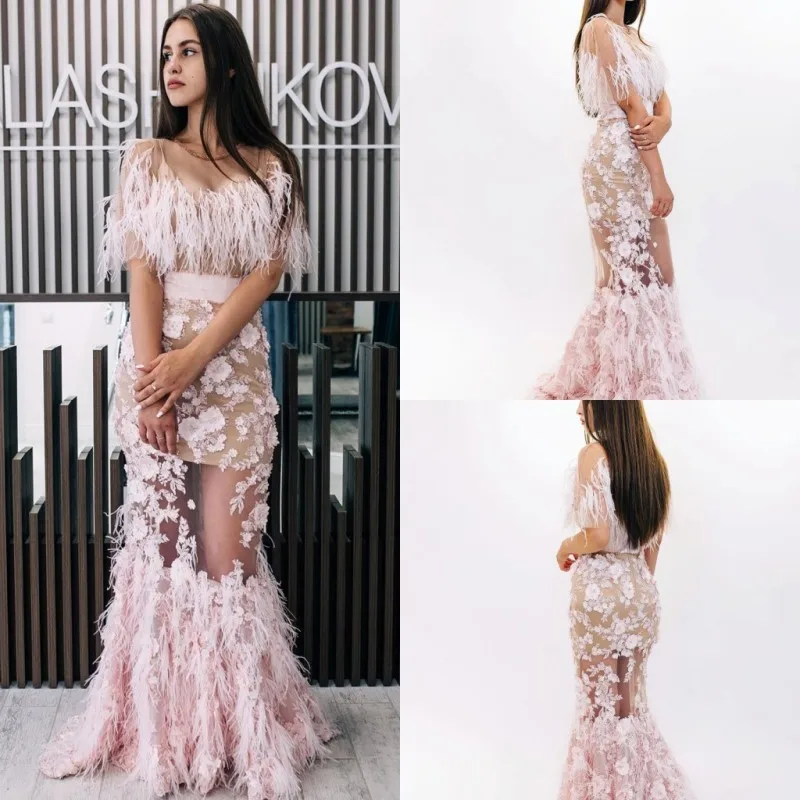 

2020 Mermaid Prom Dresses Jewel Half Sleeve Lace 3D Appliqued Feather Evening Gowns Plus Size Formal Dress