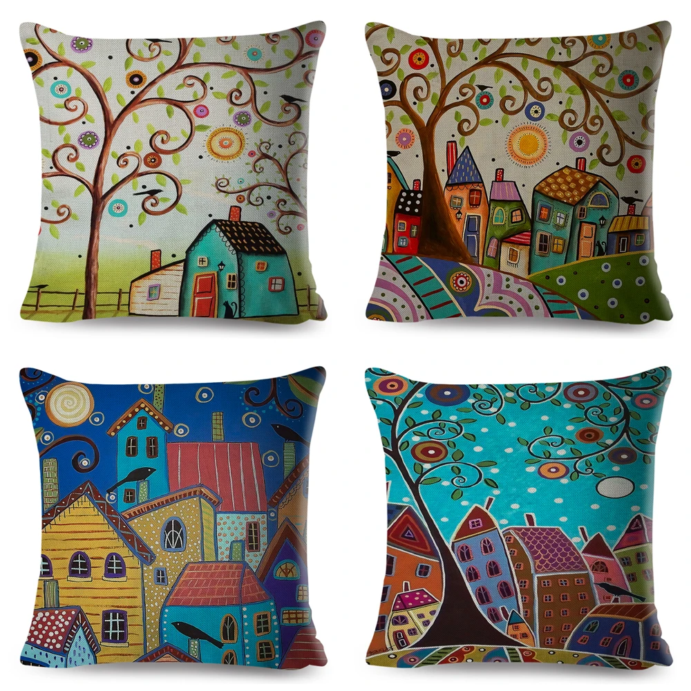 Retro Rural Color Cities Cushion Cover Decor Colorful Cartoon House Tree Pillow Case Polyester Pillowcase for Sofa Home Car