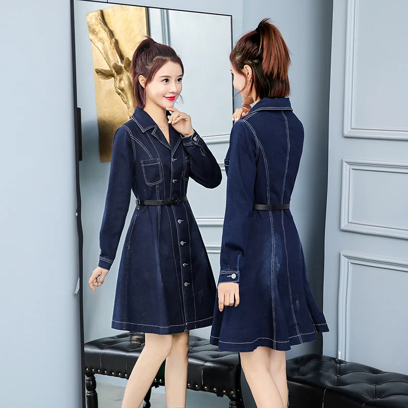 

Women Denim Dress Autumn Sexy V-Neck Long Sleeve Dress Ladies Vintage Single-breasted A Line Short Dresses