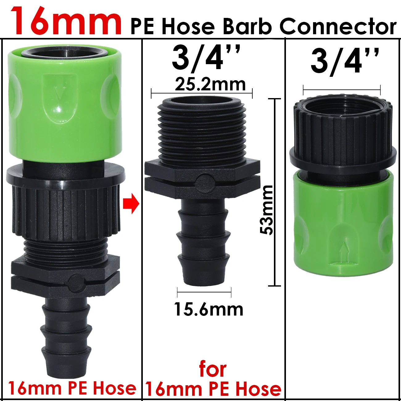 Greenhouse 1PCS Barb Quick Connector for 16mm 20mm 25mm PE Hose 3/4\'\' Garden Water Pipe Tap Adapter Fitting Watering Greenhouse