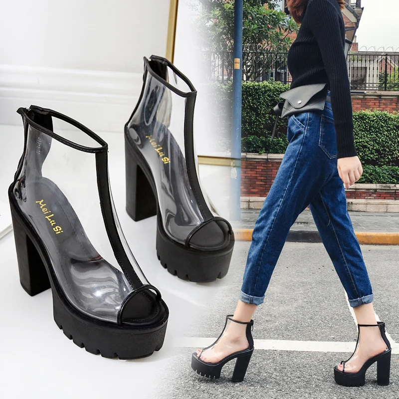 Sexy Transparent European American High Heels Female Night club Thick Heel PU Shoes Thick Bottom White Black Women's High Heels