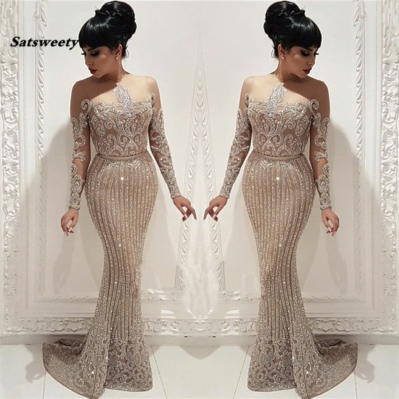 

Luxury Beading Crystal Prom Dresses Long Illusion Long Sleeve Mermaid Formal Party Dresses with Belt Arabic Vestidos De Gala